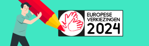 Afbeelding met lichtgroene achtergrond en een illustratie van een man met een groot rood potlood die een stemvakje inkleurt met gebarende handen. Daarnaast staat de tekst: europese verkiezingen 2024
