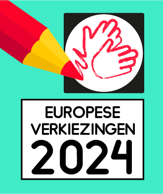Afbeelding met lichtgroene achtergrond en een illustratie van een groot rood potlood die een stemvakje inkleurt met gebarende handen. Daaronder staat de tekst: europese verkiezingen 2024