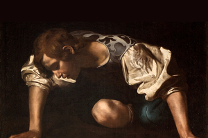 schilderij van man die naar beneden kijkt