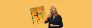 Vrouw maakt gebaren, links illustratie van een aapje op een step