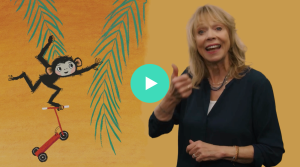 Vrouw maakt gebaren, links illustratie van een aapje op een step