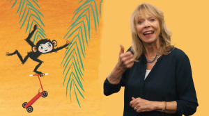 Vrouw maakt gebaren, links illustratie van een aapje op een step