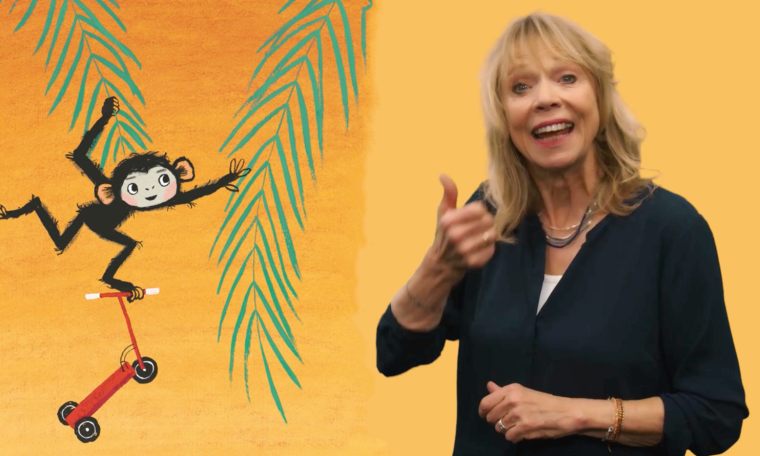 Vrouw maakt gebaren, links illustratie van een aapje op een step