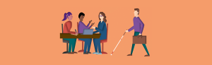 Illustratie van drie mensen die zitten en een man die komt aanlopen met een wandel stok