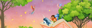 illustratie van kind met fantasie dieren die uit een boek komen