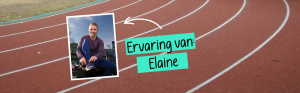Foto van Elaine zittend, met op de achtergrond een atletiekbaan